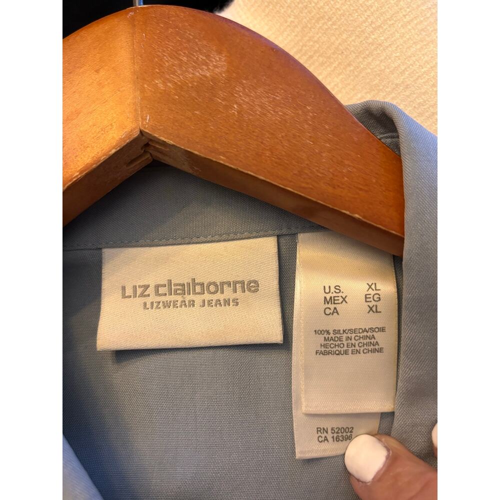 Liz Claiborne Silk Smocked Blouse Blue Button Front Ruffle Hem XL - Picture 7 of 7
